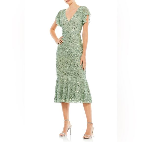 Mac Duggal Dresses & Skirts - Mac Duggal Short Sleeve Sequin Midi Dress Formal Gown Sage Green Sz 2 Ruffle Hem
